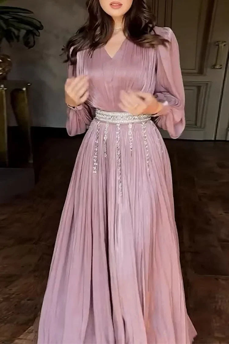 Rhinestone Chain Fringe Belt V Neck Long Sleeve Maxi Dresses-Pink