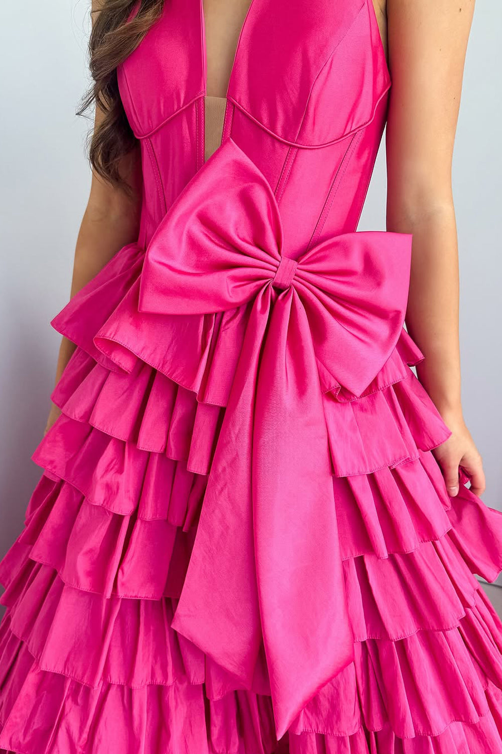 Ball Gown Halter Fuchsia Satin Ruffle Tiered Long Prom Dress