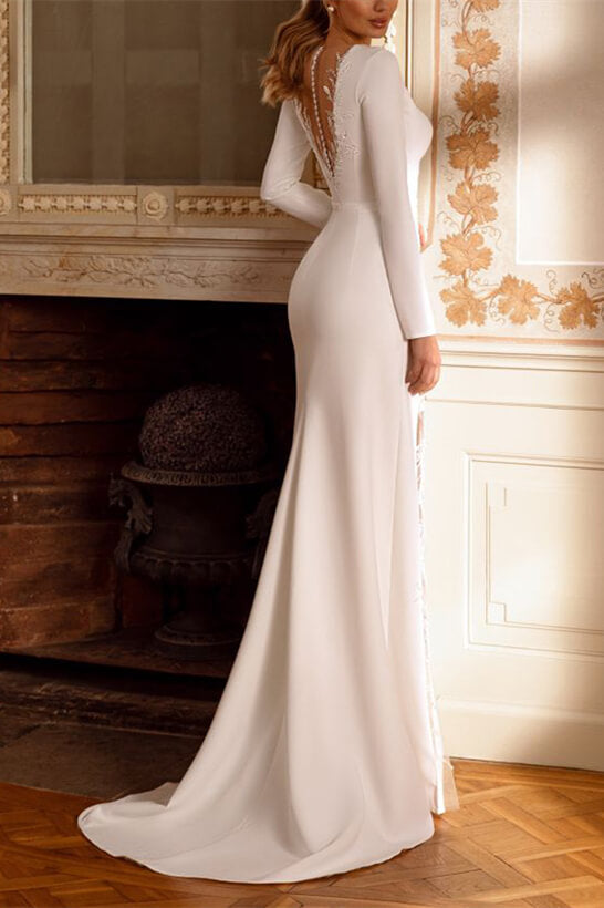 Deep V-Neck Long-Sleeves Floor-Length Mermaid Wedding Dress