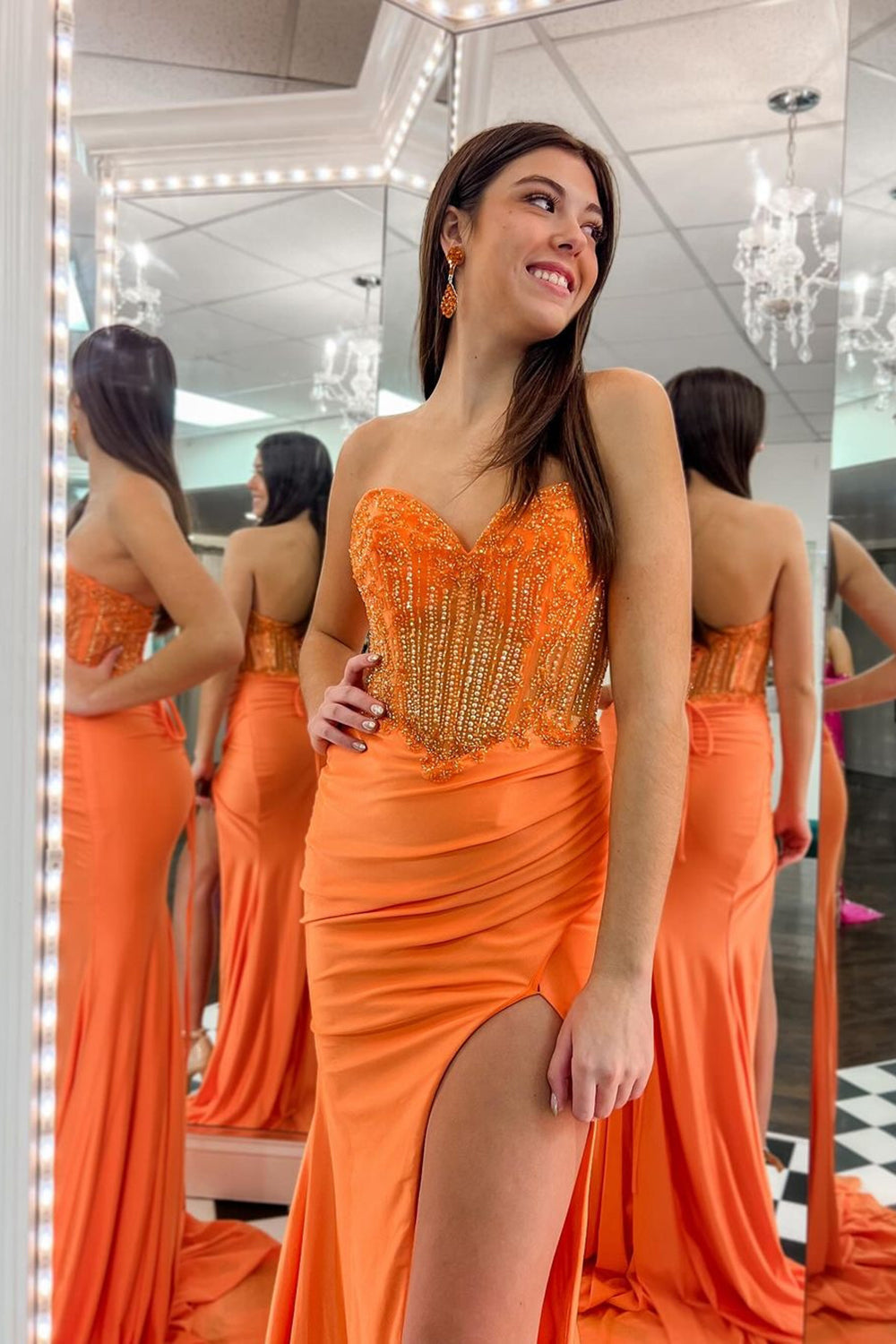 Charming Mermaid Sweetheart Orange Satin Long Prom Dress
