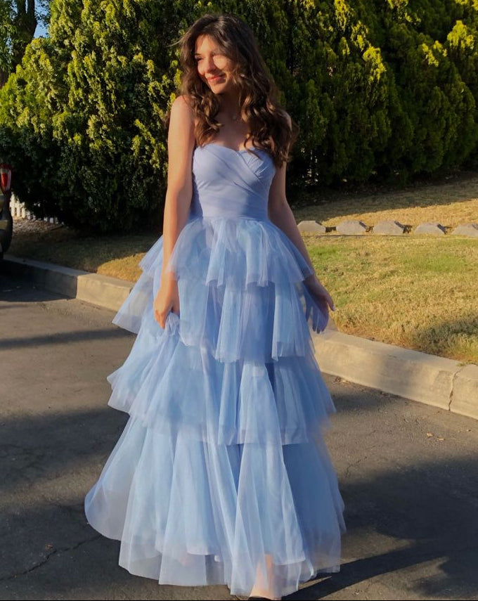 Sweetheart Blue Tulle Sleeveless Pleated Prom Dress