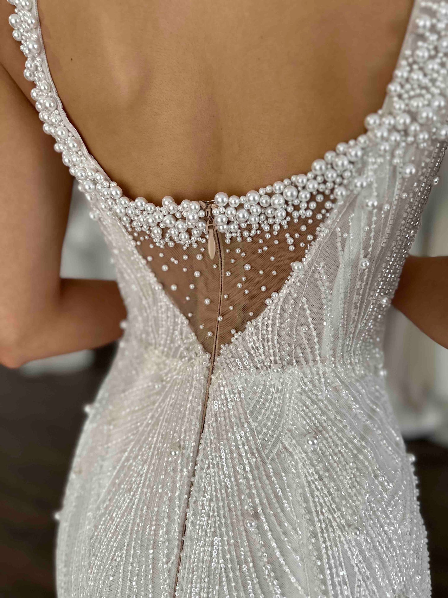 Mermaid Sleeveless Back Zipper Pearl Beaded Wedding Dress