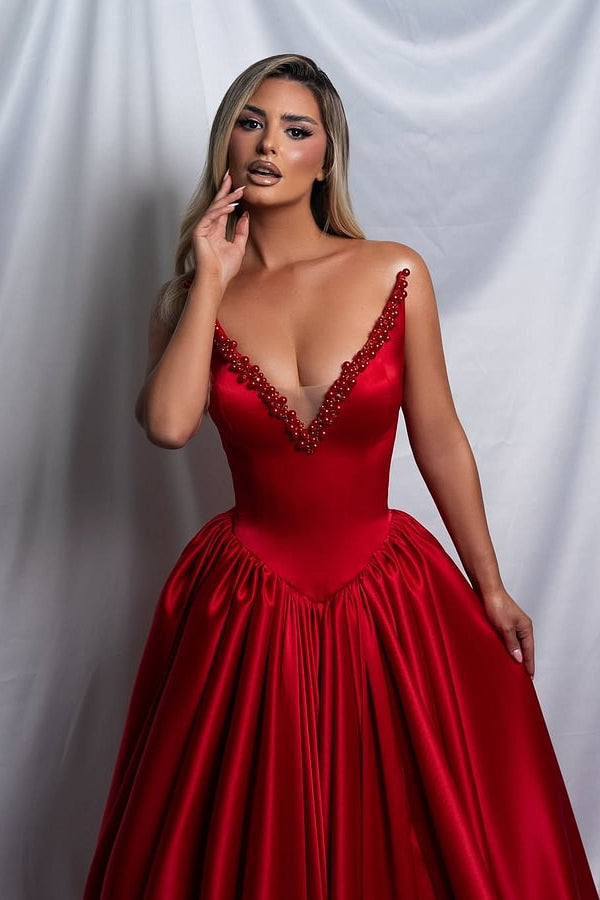 Beautiful Red V-Neck Strapless Satin Prom Dress