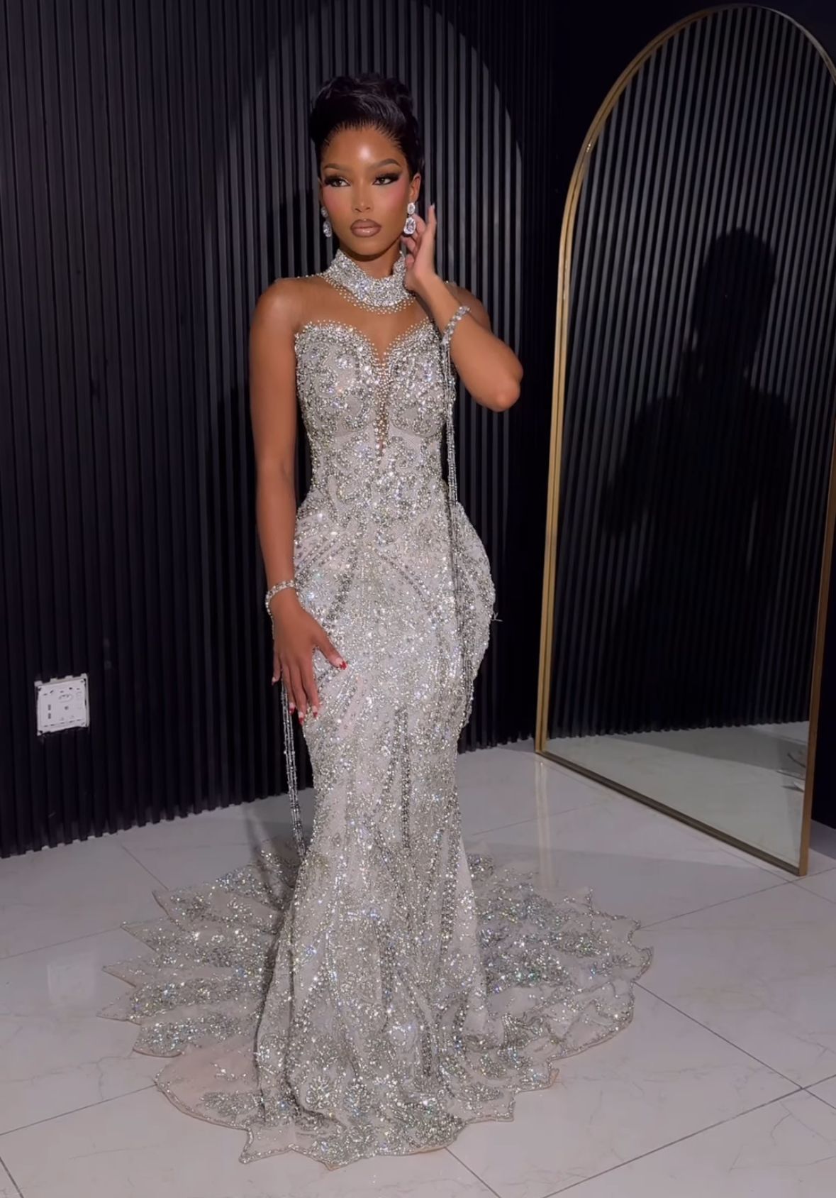Modest Mermaid High Neck Silver Sequin Prom Dresses
