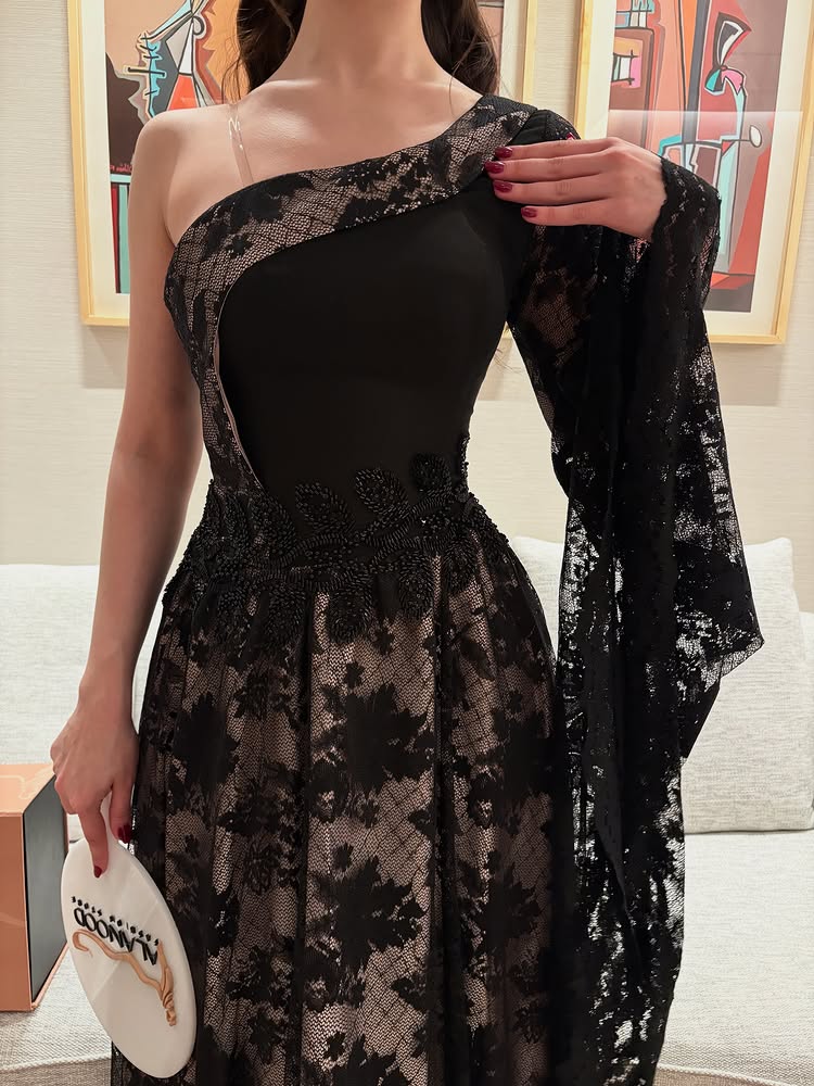 Black Lace One Shoulder Long Sleeve A-Line Evening Dress