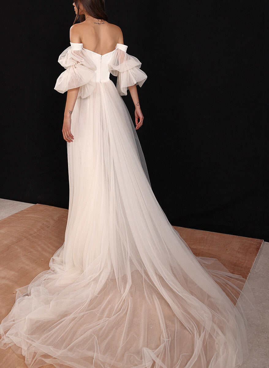 Boho Garden Tulle Off The Shoulder Long Sleeves A Line Wedding Dresses