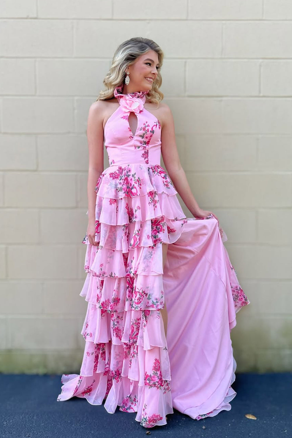 Fairy A Line Pink Chiffon Floral Print Satin Prom Dress with Slit