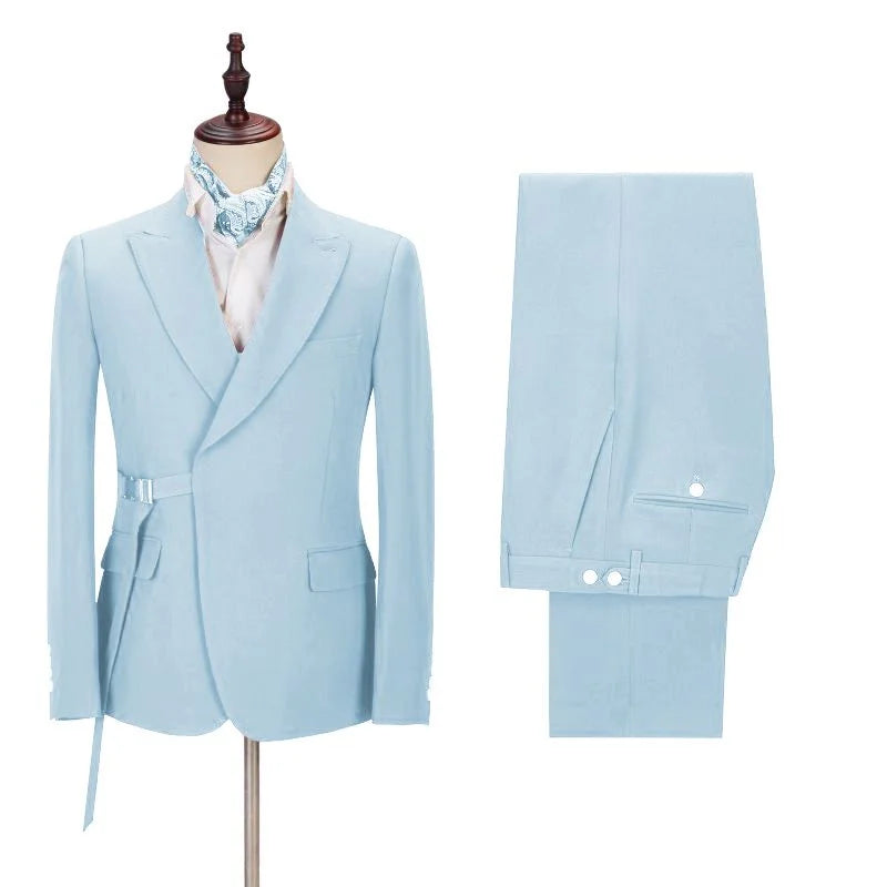 Gorgeous Sky Blue Best Wedding Suits Outfits For Men Peaked Lapel With Adjustable Buckle
