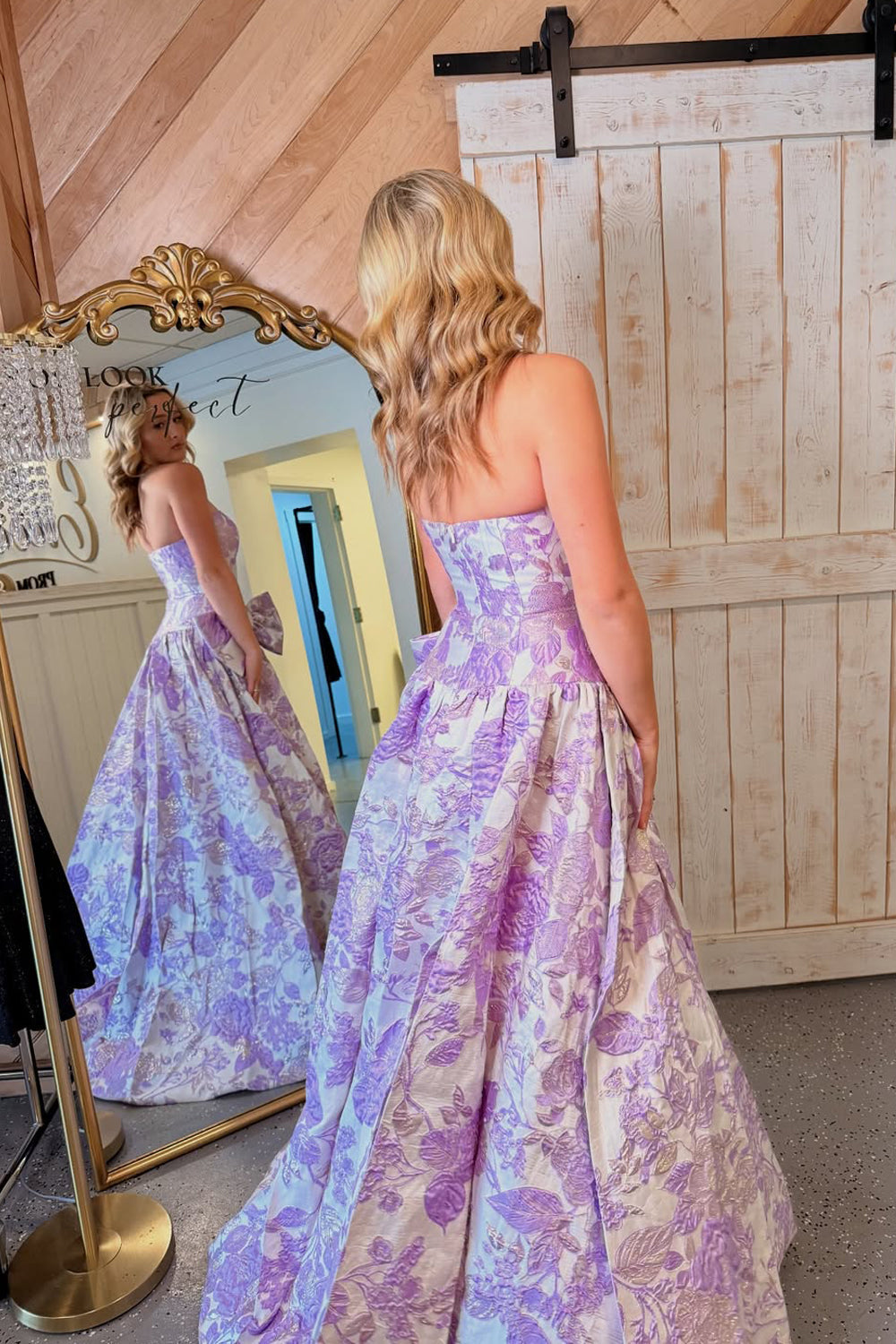 Cute A Line Strapless Jacquard Satin Long Prom Dress with Bow