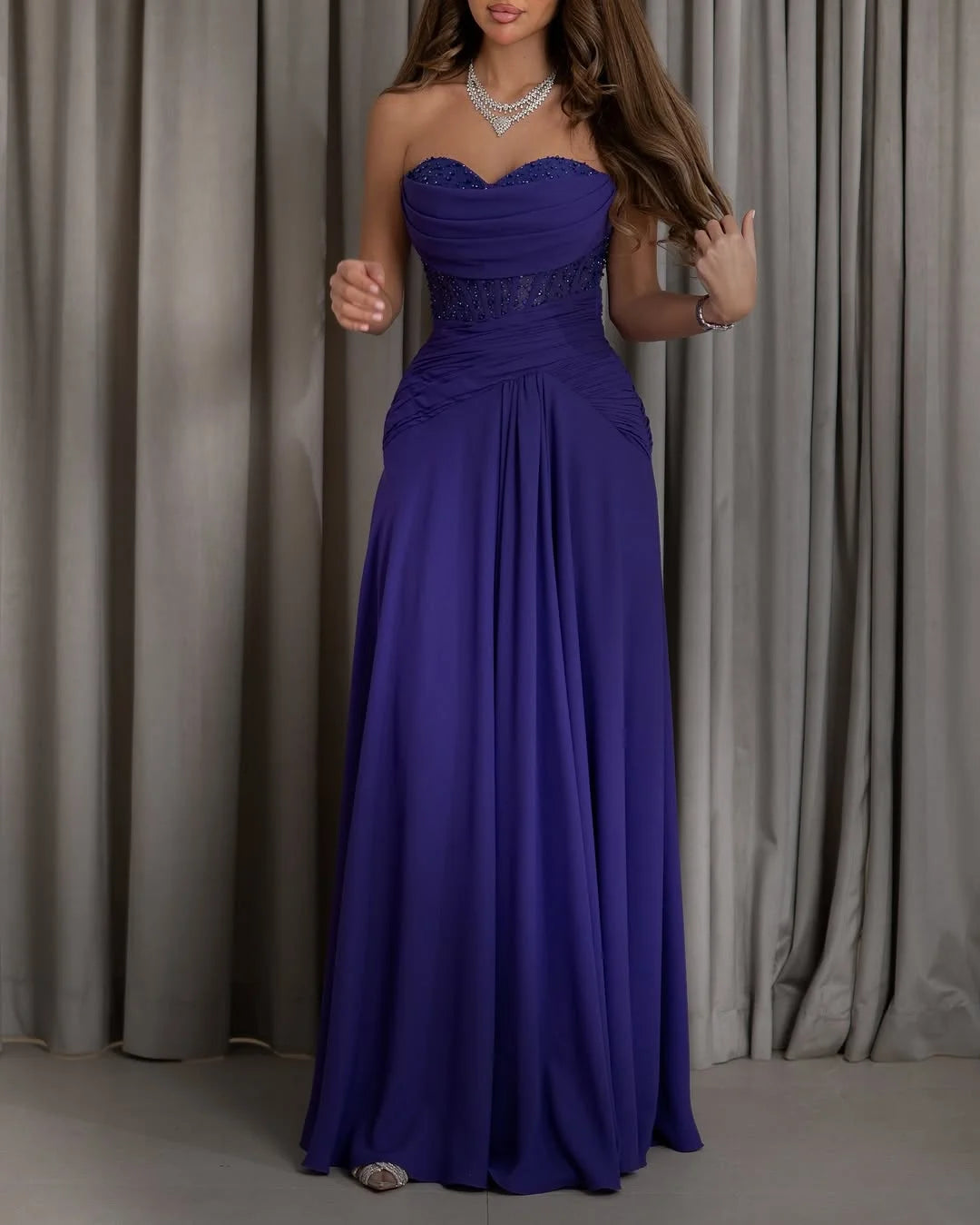Purple Sweetheart Beaded Pleated Prom Dress