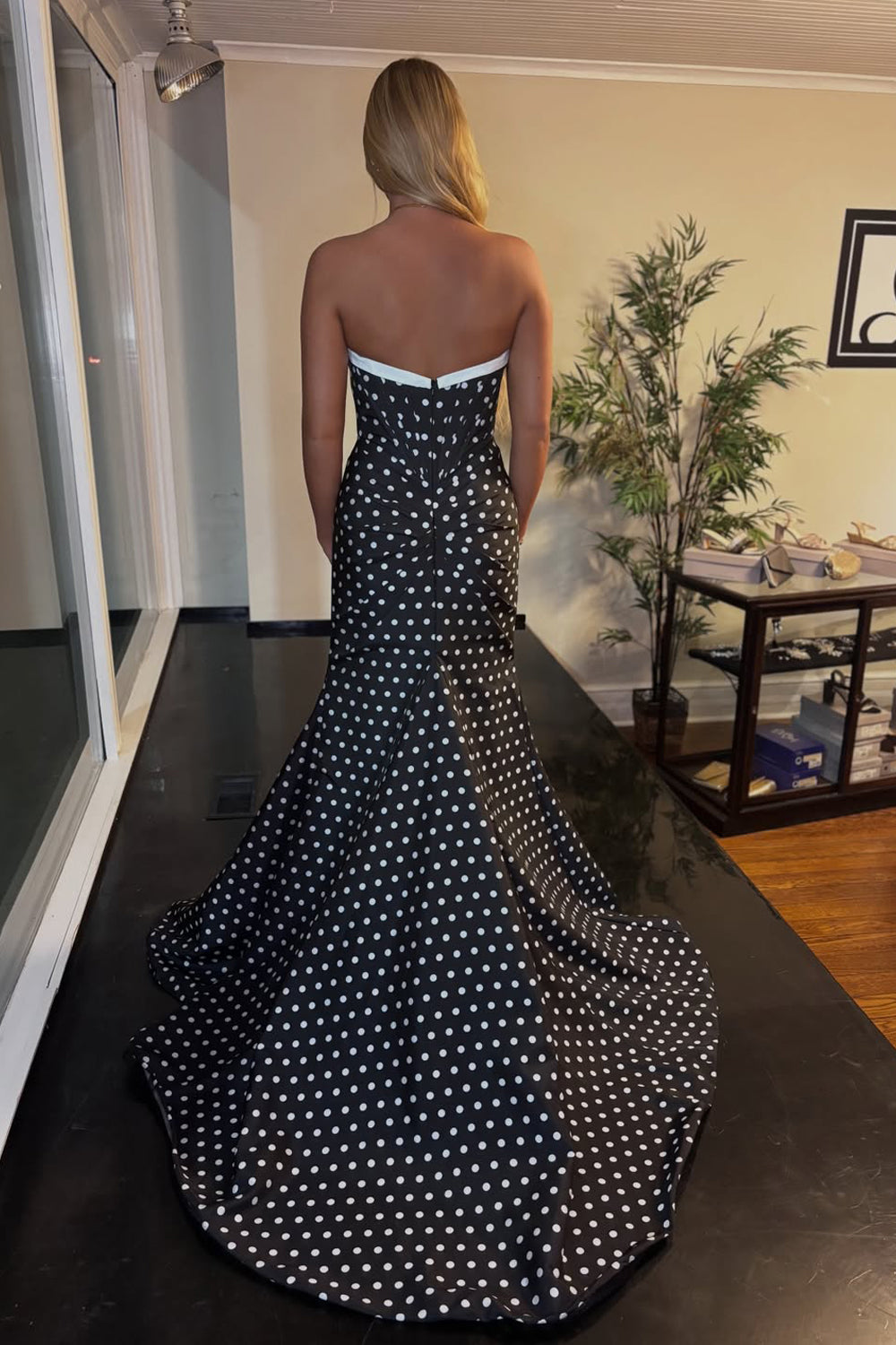 Cute Mermaid Sweetheart Black White Dot Long Prom Dress