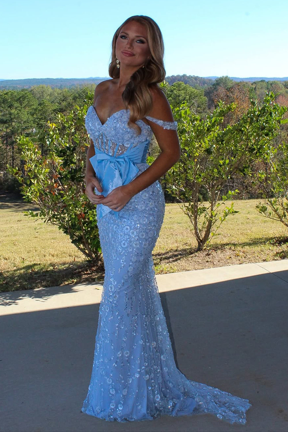 Mermaid Off the Shoulder Corset Light Blue Sequin Appliques Long Prom Dress