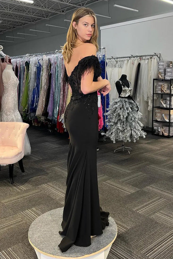 Cute Mermaid Off the Shoulder Black Lace Long Prom Dress