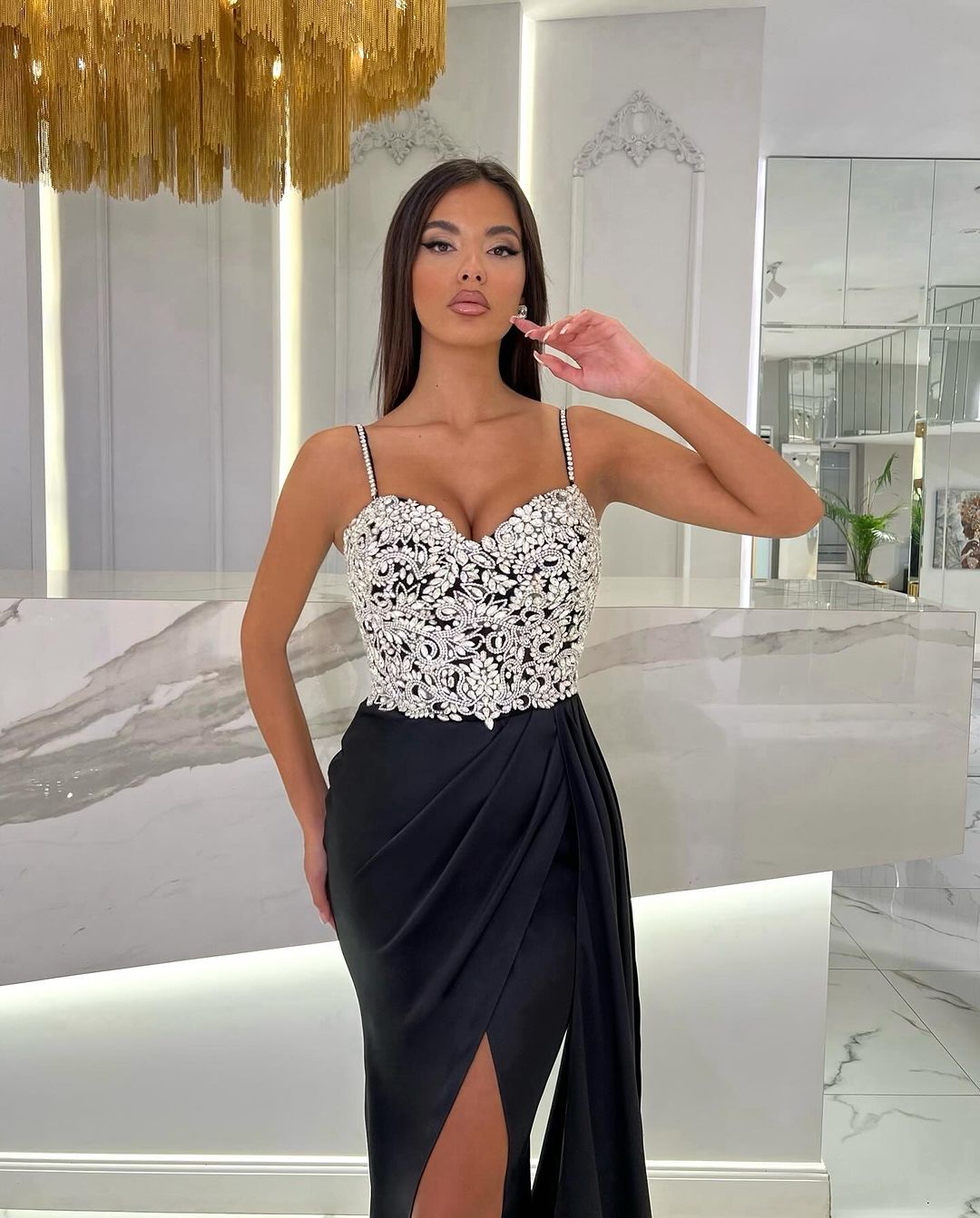 Spaghetti Straps Prom Dress Sweetheart Rhinestones with High Slit