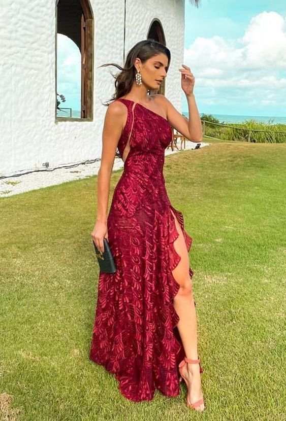 Elegant One Shoulder Red Lace Wedding Guest Dress Evening Dress with Slit