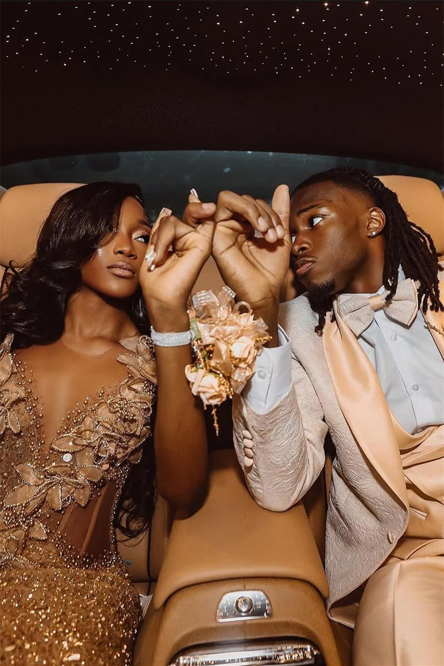 Champange Sleeveless Flowers Floor length Sparkle Prom Dress