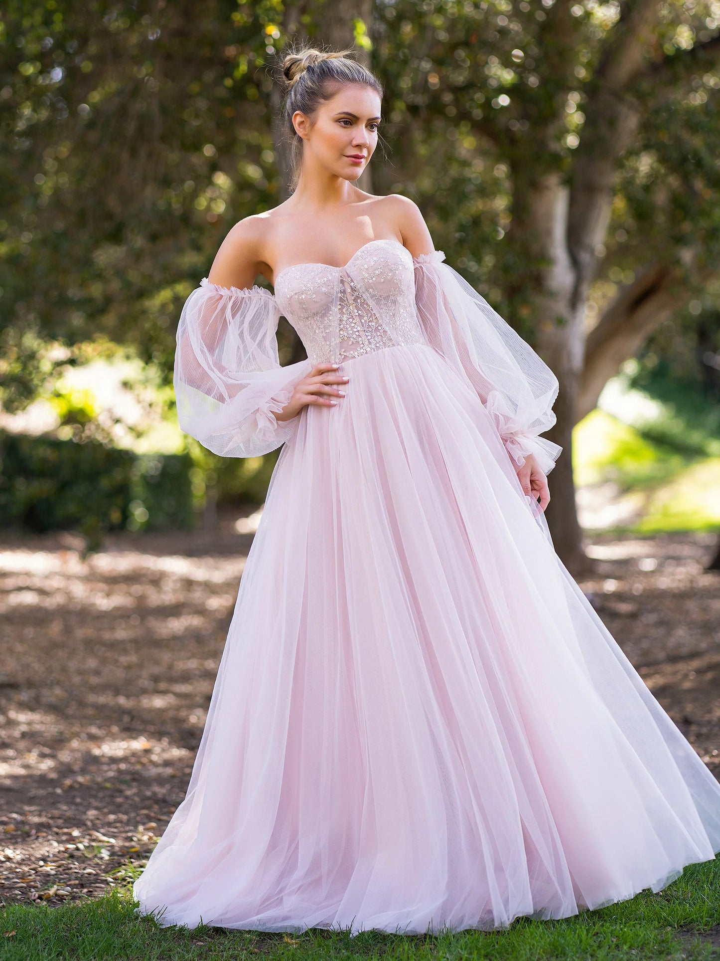 A-line Corset Off The Shoulder Floor Length Tulle Prom Dress