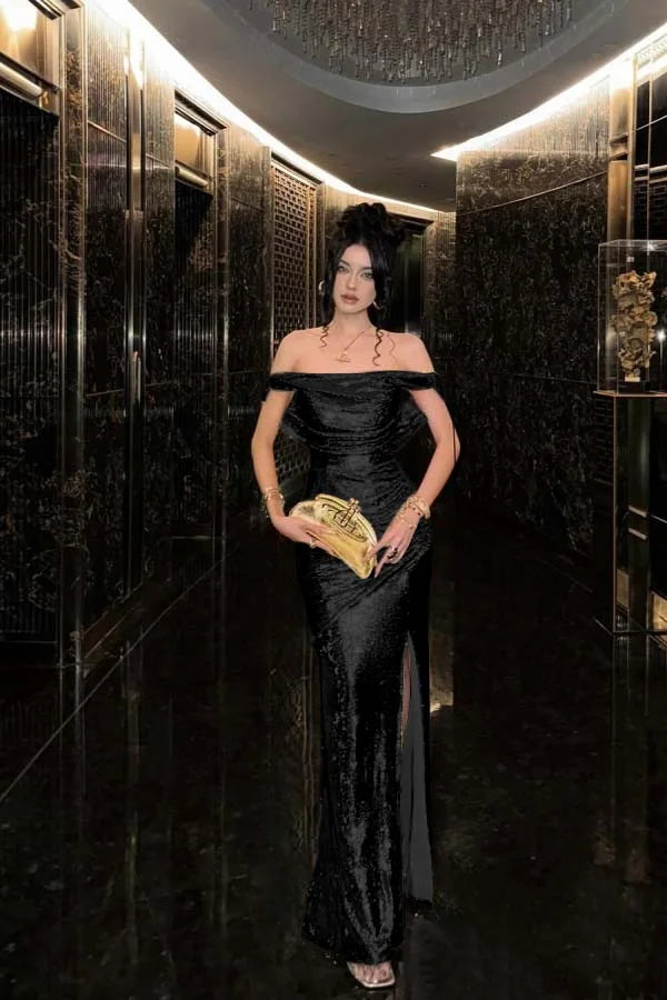 Champagne Solid Sequins Split Prom Dress