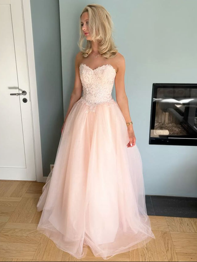 Unique Ball Gown Sweetheart Tulle Light Pink Long Evening Dress