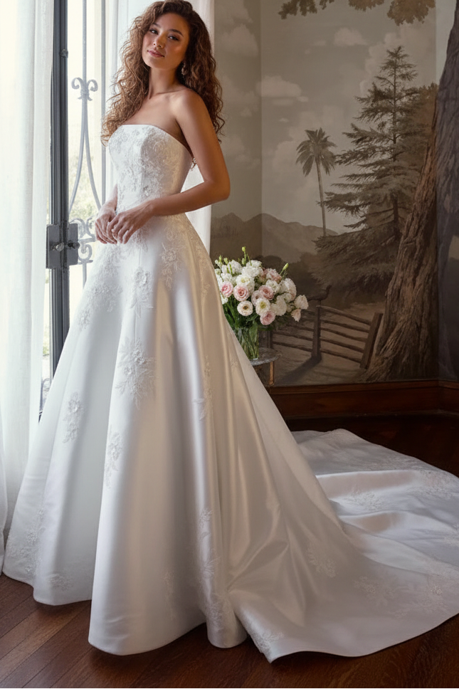 A-Line Satin Appliques Tube Top Court Train Wedding Dress
