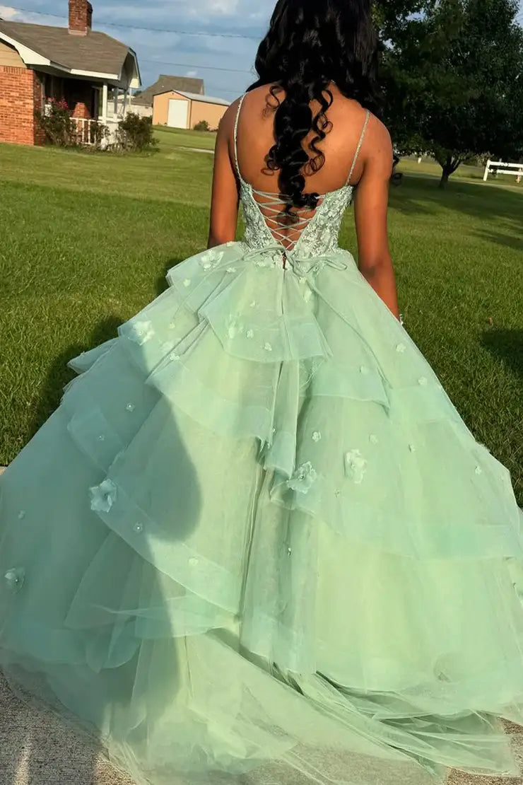 Ball Gown V Neck Sage Green Tulle Prom Gown