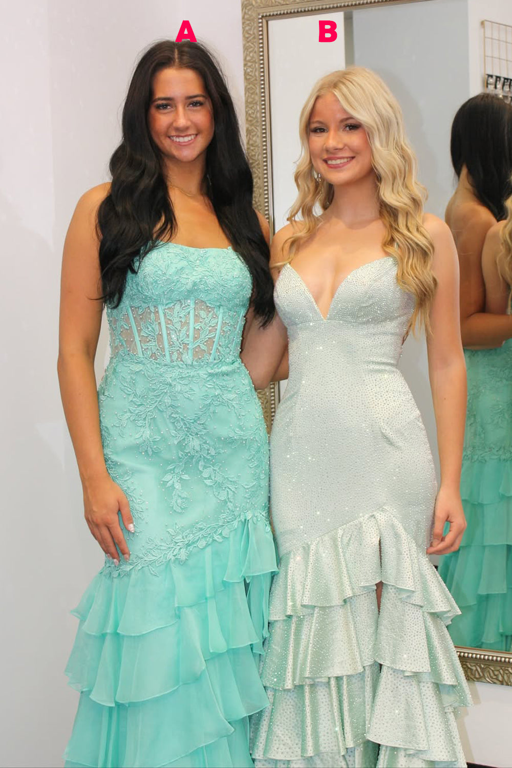 Mermaid V Neck Light Mint Sequins Ruffle Tiered Long Prom Dress