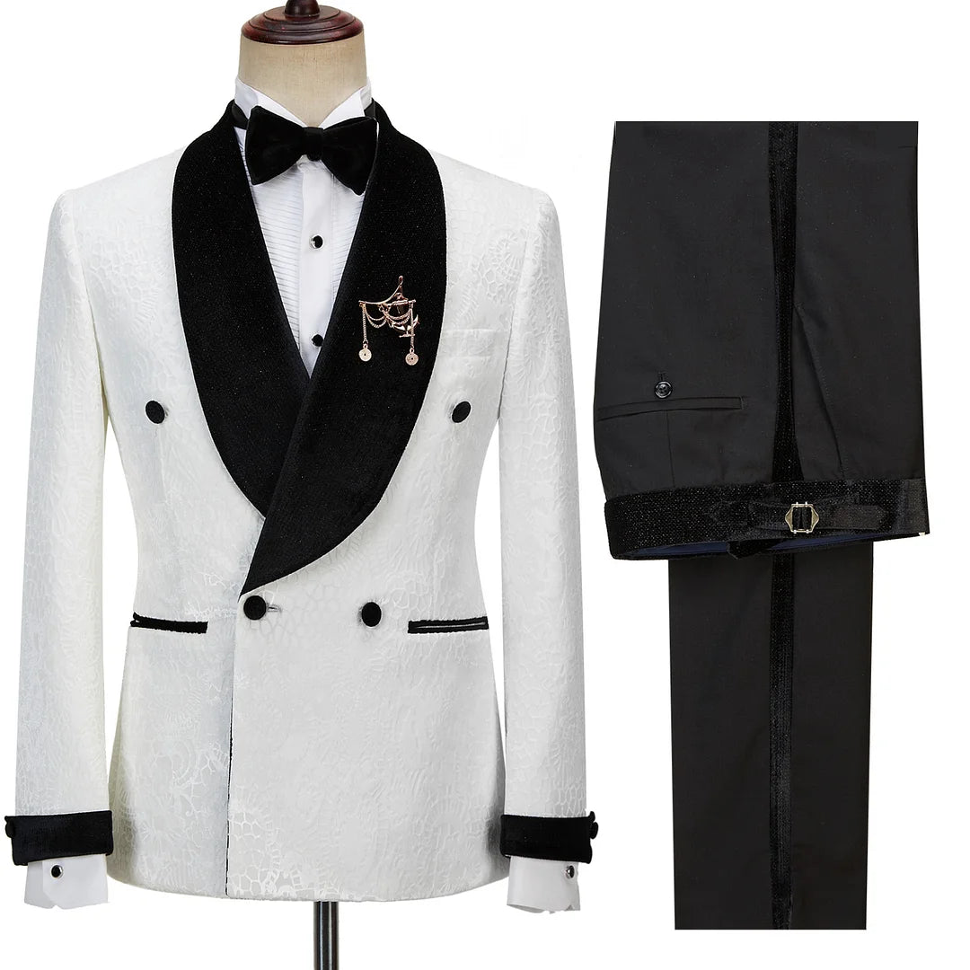 Jacquard Shawl Lapel Reception Suit Double Breasted White Sparkle For Men