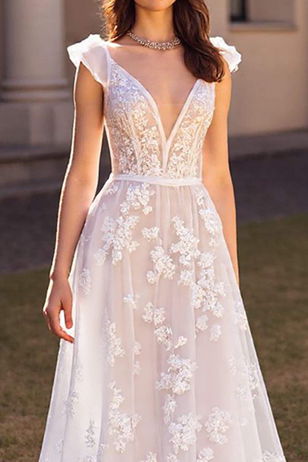 Cap Sleeves V-Neck A-Line Wedding Dress