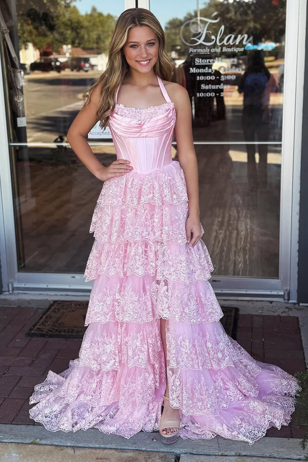 Cute A Line Scoop Neck Tiered Long Prom Dress with Slit