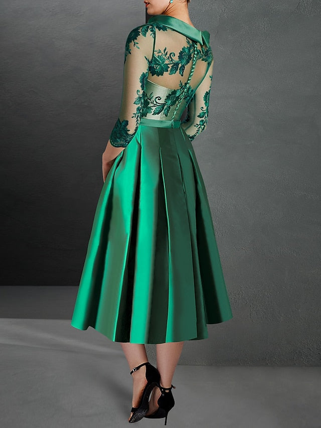 Lace Applique 3/4 Sleeve A-Line Tea-Length Evening Dress