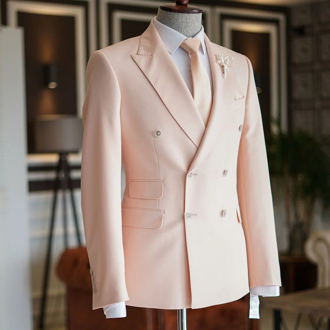 Casual Double Breasted Reception Suit Pink With Peaked Lapel Party For Prom