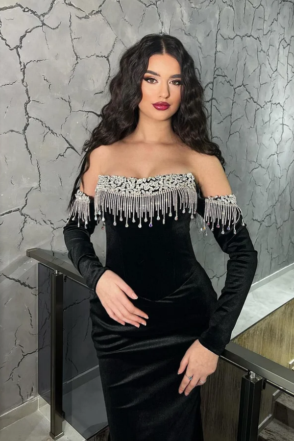 Black Velvet Strapless Long Rhinestones Prom Dress With Sleeves