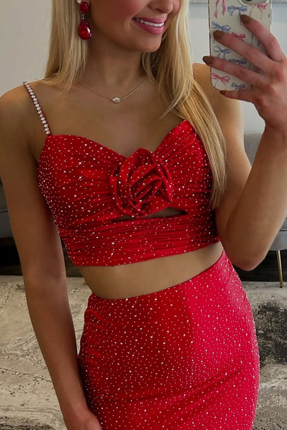 Red Two Piece Satin Beaded Long Prom Dresses with Slit