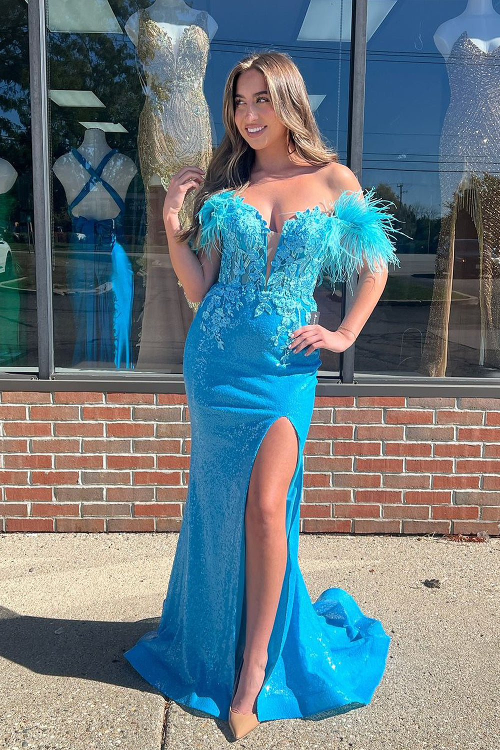 Charming Mermaid Off the Shoulder Blue Sequins Prom Dress