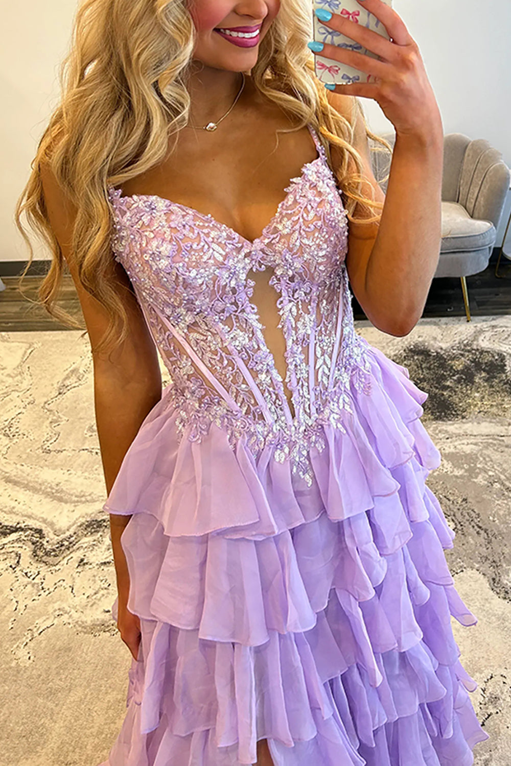 A-Line Spaghetti straps Lilac Ruffle Tiered Chiffon Long Prom Dress