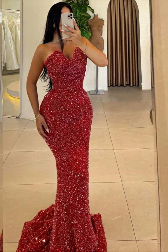 Red Beaded Sequins Mermaid Evening Dress