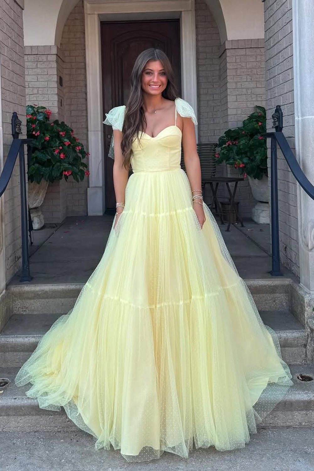 Cute A Line Sweetheart Daffodial Dot Tulle Tiered Long Prom Dress