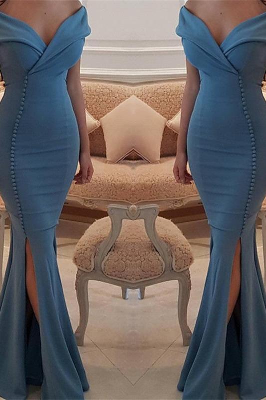 Elegant Off-the-Shoulder Slit Mermaid Buttons Evening Dress Long On Sale