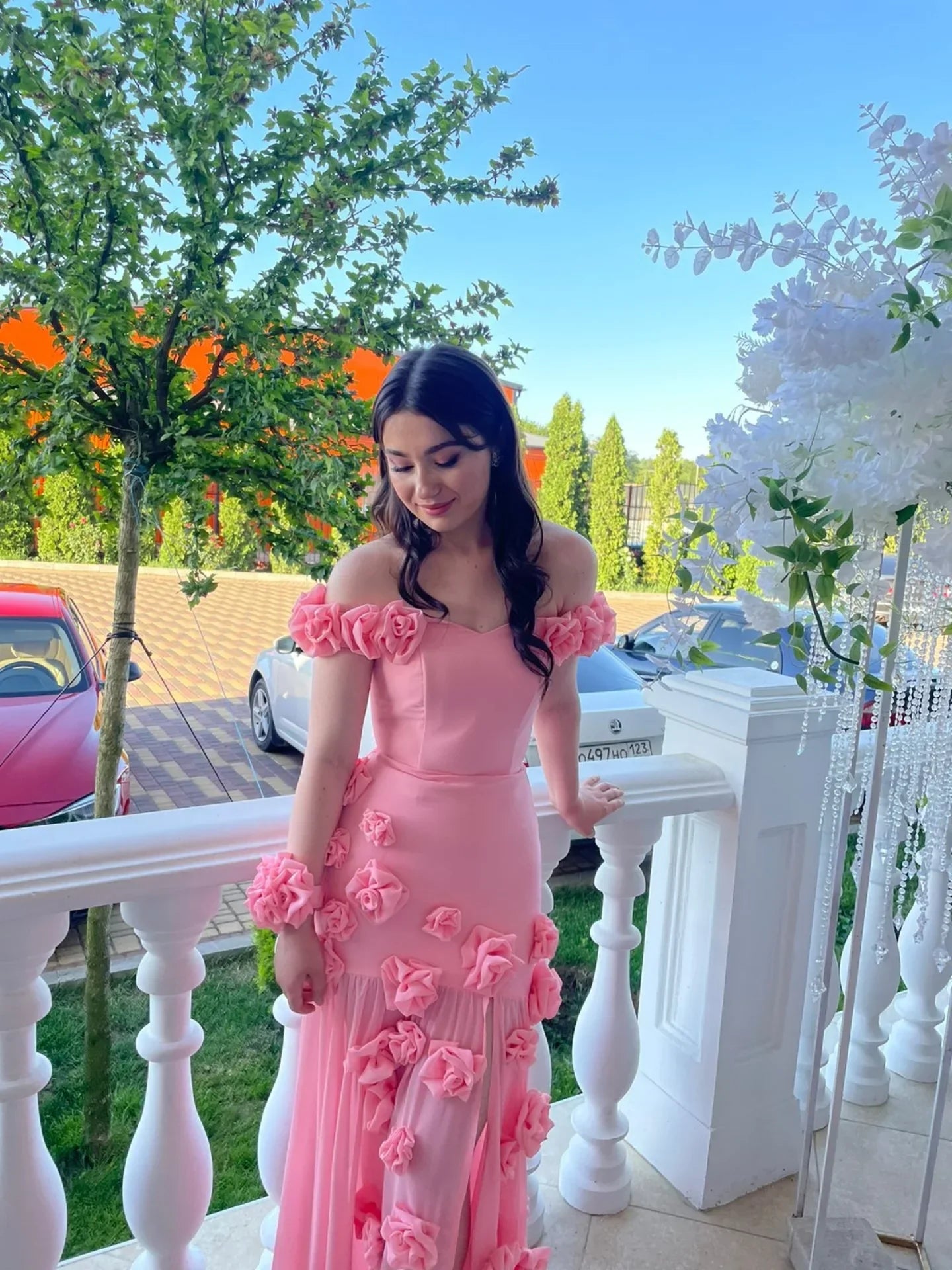 Sweetheart Sleeveless Strapless Floral Appliques Chiffon Floor-Length Prom Dress with Slit