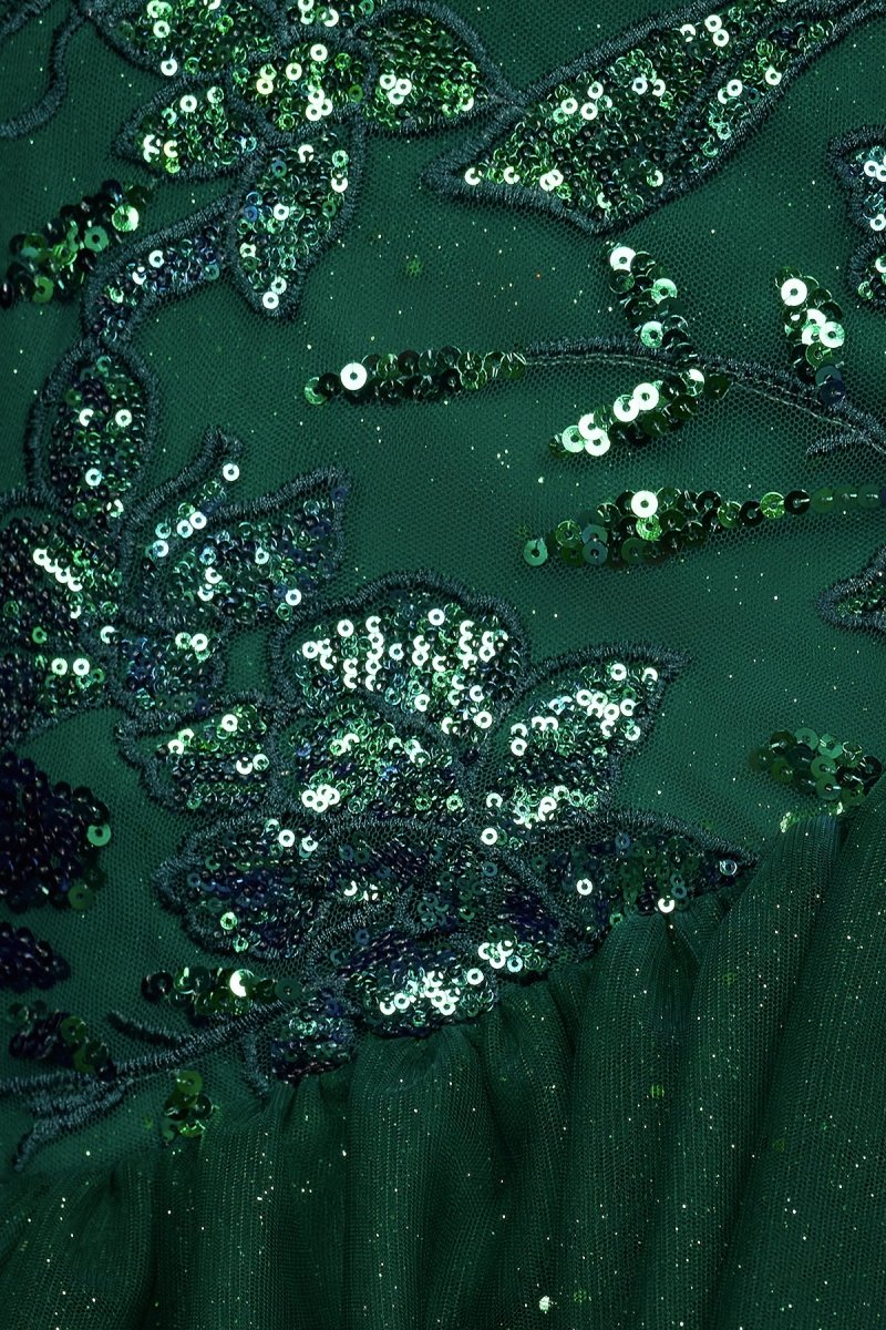 Emerald Illusion Neck Mermaid Tulle Ruffled Long Prom Dress