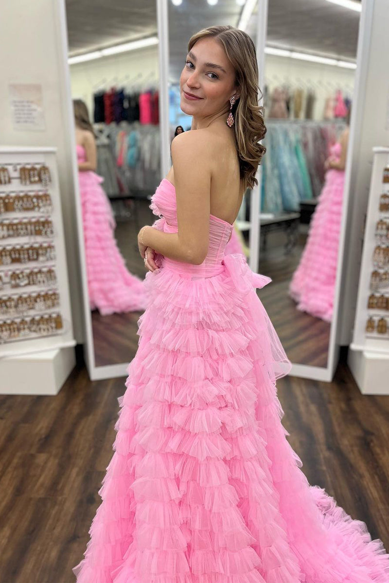 Princess A-Line Strapless Pink Ruffle Tiered Tulle Long Prom Dress