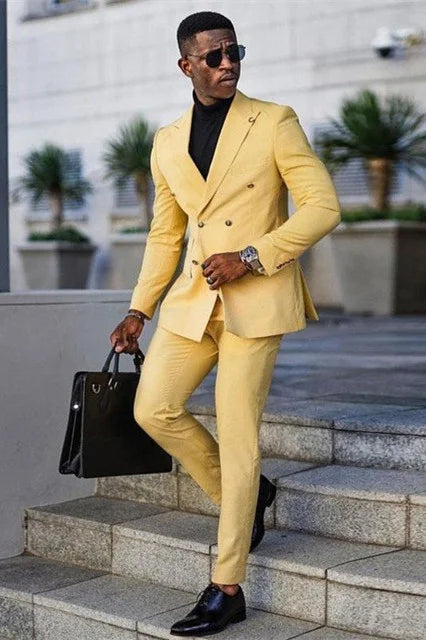 Glamorous Peaked Lapel Yellow With Double Breasted Gentle Business Man's Suit