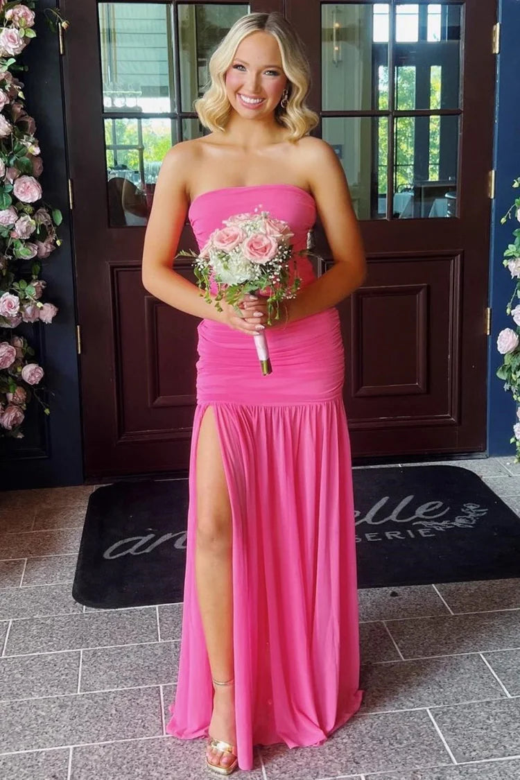 Sheath Strapless Fuchsia Chiffon Pleats Long Prom Dress