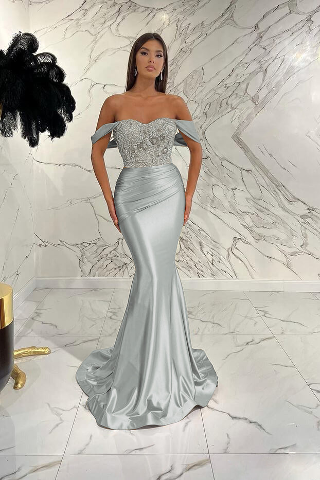 Gorgeous Off the Shoulder Prom Dress Mermaid Sequined Evening Formal Dress With Beading Pleated
