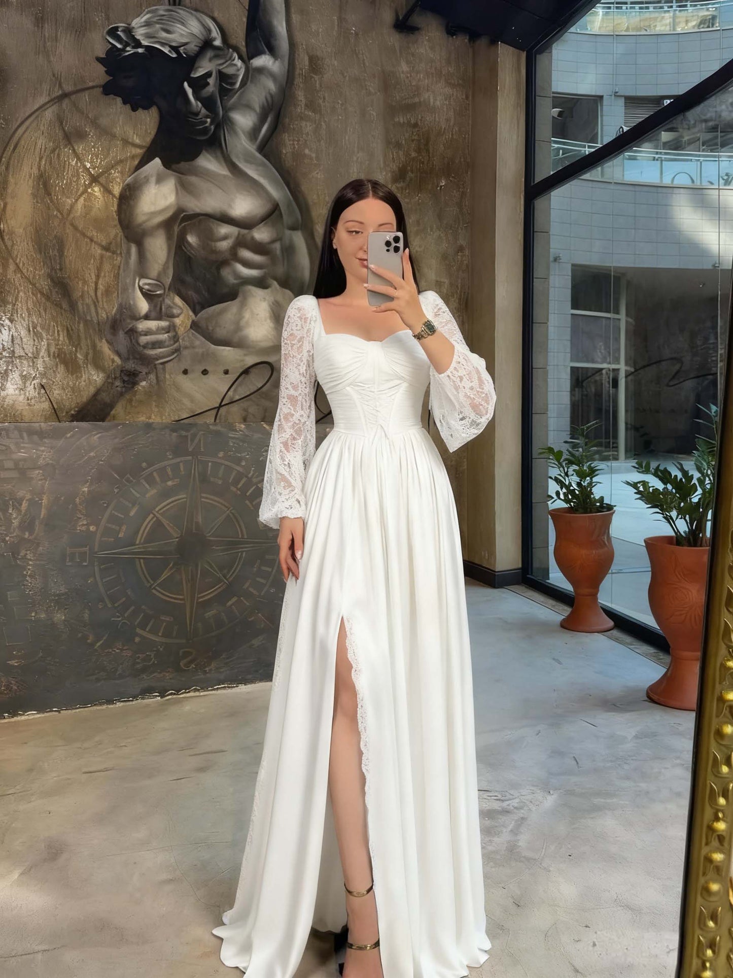 Lantern Long Sleeves Long A-Line Pleated Prom Dress With Split And Corset