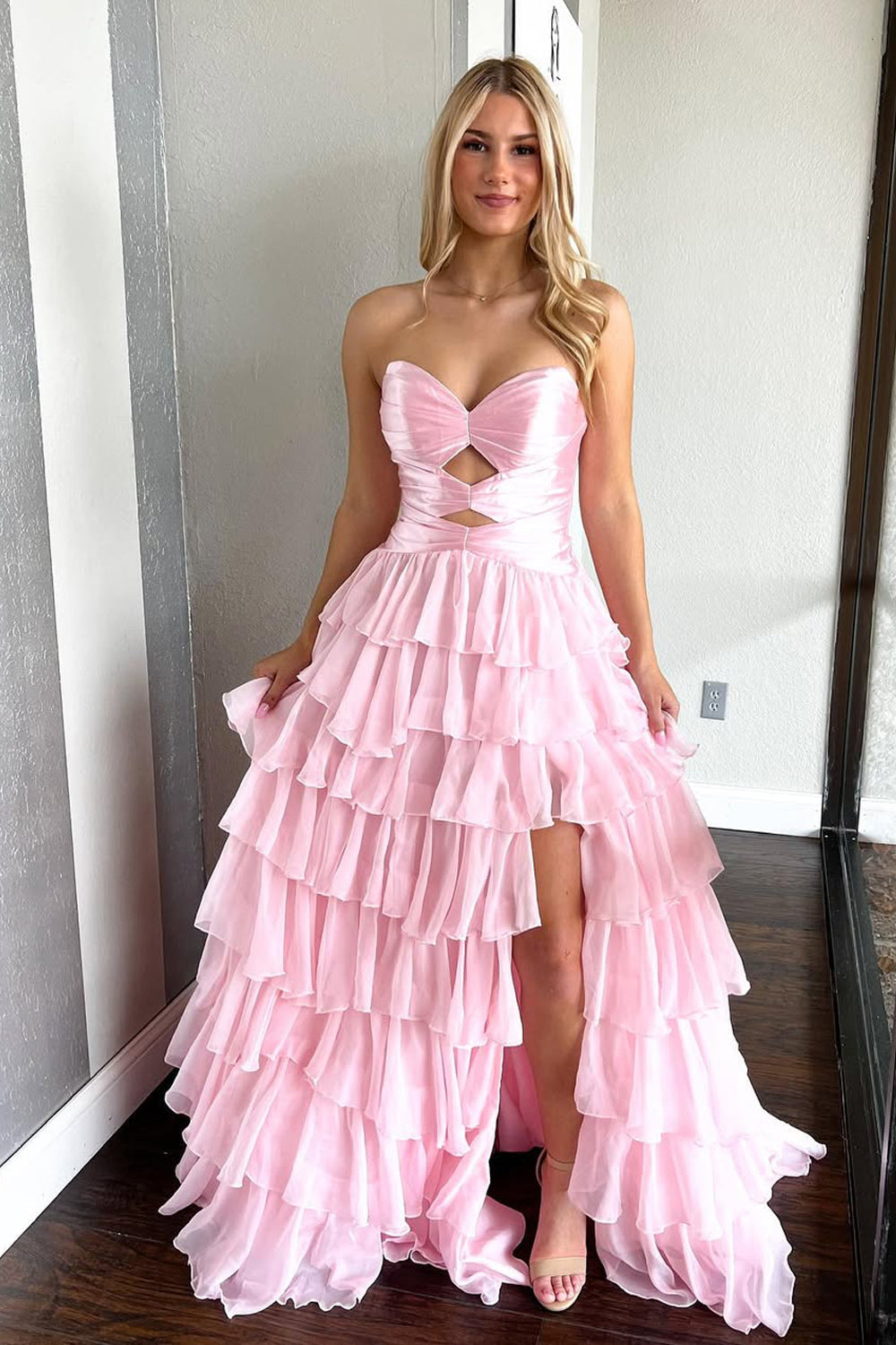 Cute A Line Sweetheart Pink Chiffon Tiered Prom Dress with Slit