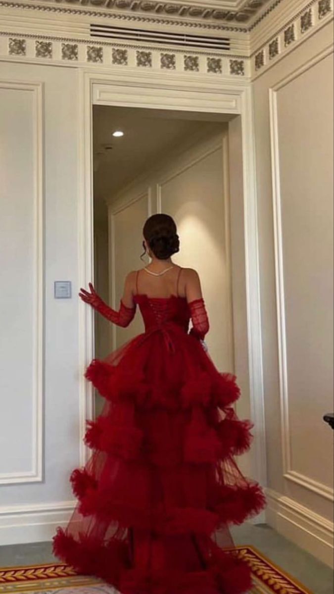 Red Ruffled Tiered Tulle Maxi Ball Gown