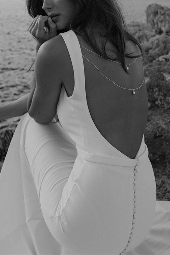 Simple Scoop-Neck Sleeveless Satin Pleated Sweep Train Mermaid Wedding Dress