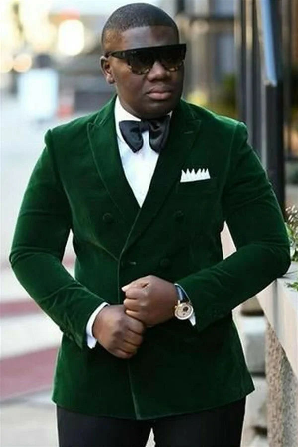 Newest Peaked Lapel Dark Green Marriage Blazer Suit Velvet With Double Breasted