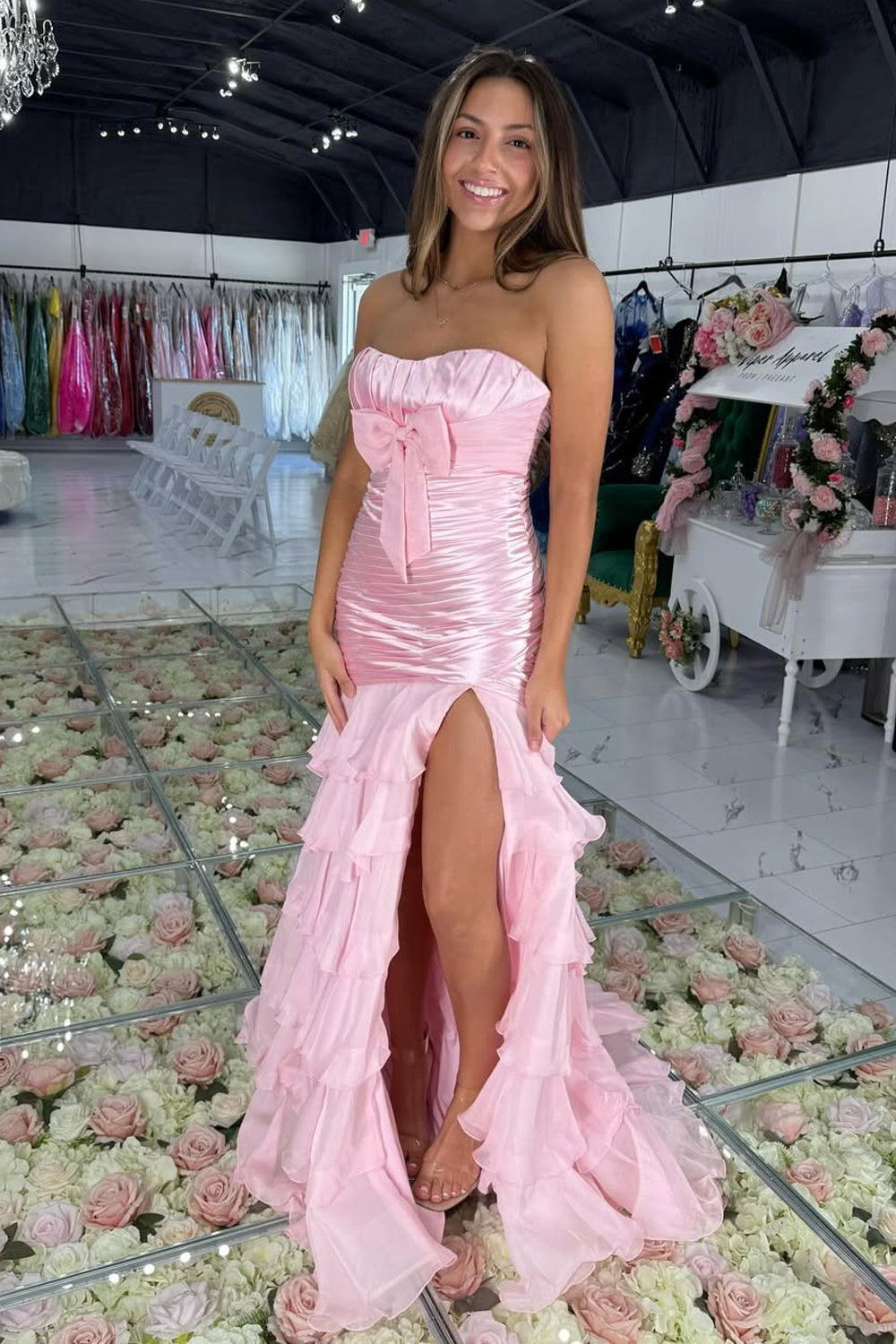 Cute Mermaid Strapless Pink Satin Prom Dress with Slit
